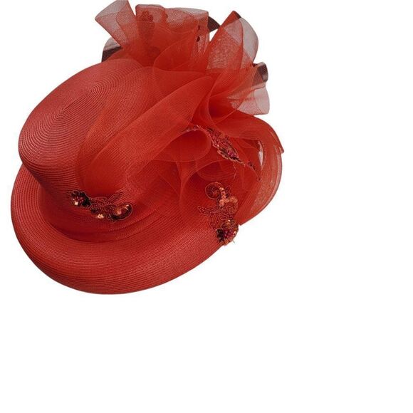 Vintage Ms Divine Red Hat Church‎ Derby Netted Bow Flower Sequin Applique Sraw - Picture 9 of 10